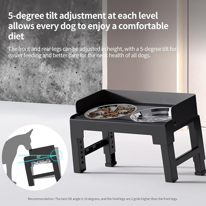 Elevated Dog Bowls with Stainless Steel Slow Feeder Bowl for Medium and Large Dogs, Spill-Proof Tiltable Dog Feeder with 2 Bowls, 6-Height Adjustable Raised Dog Bowl Stand