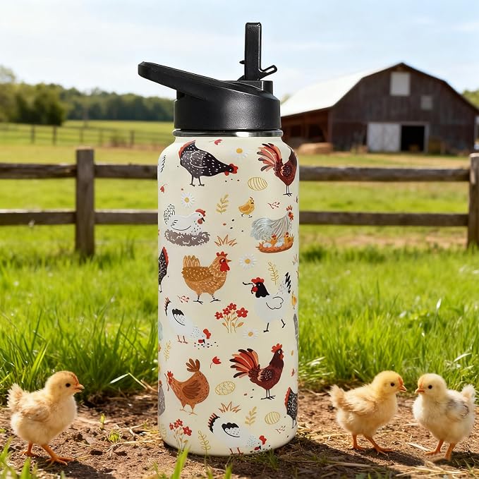 32oz Chicken Stainless Insulated Aater Water Bottle with Straw Gym Hiking Sports Coffee Mug Cup Water Bottles,Chicken Gifts for Women,Chicken Decor Stuff Accessories