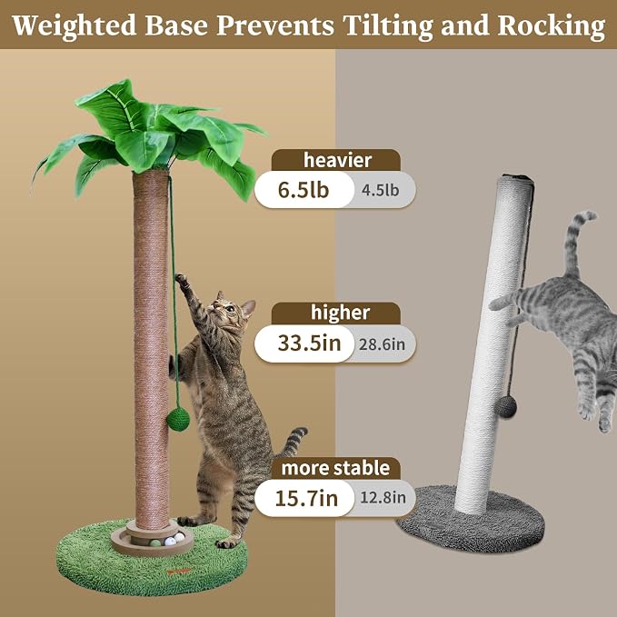 Meowoou Sisal Pole Cat Scratching Post with Wooden Ball Tracker Toy & Interactive Hanging Ball, Natural Palm Leaf Top Cat Tree Tower, 33 inch Tall Round Plush Base Pad for Indoor Kitten Scratcher