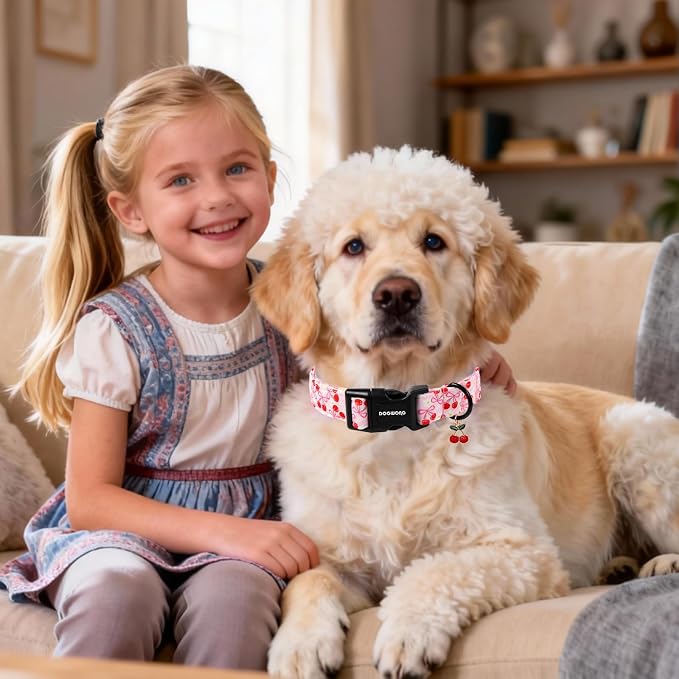 DOGWONG Pink Dog Collar- Cute Cherry Flower Dog Collars Adjustable Girl Female Dog Collar for Small Dogs, S