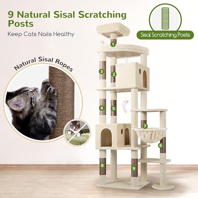 Globlazer Giant Cat Tree for Indoor Large Cats, 83in, F83, Beige | XXL Cat Tower with 9 Scratching Posts for 20lb+ Heavy Duty Large Adult Cats