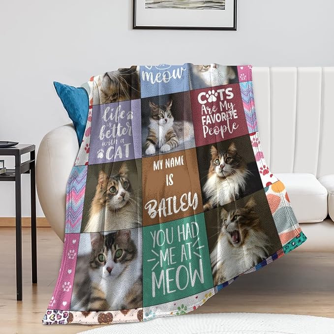 Personalized Pet Photo Blanket, Custom Pictures Collage Cat Memorial Gift, Cat Loss Gift Remembrance Pet Blanket for Family Friends Pet Sympathy Gift for Kids and a Grieving Pet Owner 60"x80"