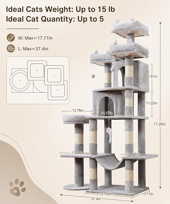 Cat Tower, 71 Inch Heavy Duty Cat Tree for Large Cats | Tall Multi-Level Cat Tree Tower with Extended Base, 2 Condos, 3 Perches, 9 Sisal Posts & Hammock for Indoor Adult Cats, Grey