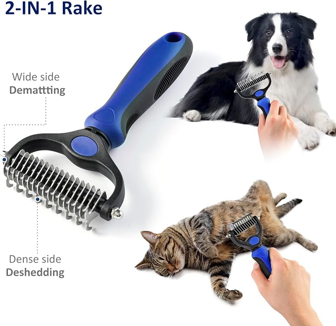 Grooming Rake for Dogs & Cats, Double-Sided Deshedding Brush, Extra-Wide Dematting Tool, Slicker Comb for Undercoat & Loose Hair Removal, Reduces Shedding by 95%, Blue, Large