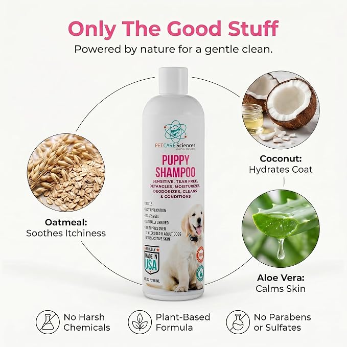 8 fl oz Tearless Puppy Shampoo and Conditioner - Anti Itch Dog Shampoo Sensitive Skin - Coconut Oil Oatmeal Pet Shampoo for Puppies