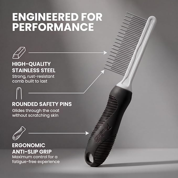 Poodle Pet Dog Combs for Grooming Matting - Metal Comb for Dogs with Long & Short Stainless Steel Teeth - Dematting Comb for Cats to Remove Matted Hair & Knots, Black