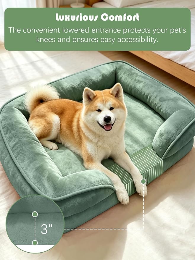 Spotted Play Orthopedic Dog Bed with Sides - Sofa Beds for Extra Large Dogs, Supportive Foam Pet Couch Bed with Washable Removable Cover, Waterproof Lining and Non-Slip Bottom, Green - XL-Plus