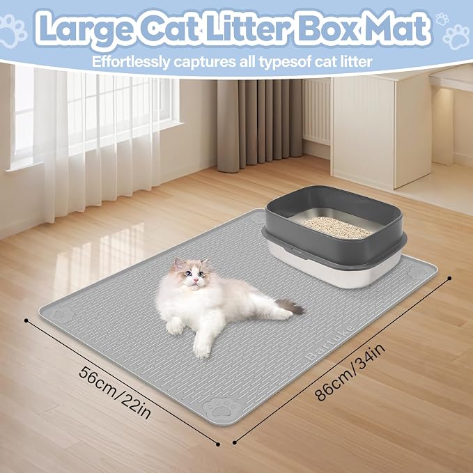 Silicone Cat Litter Mat for Litter Box 34”x22” Large Cat Mat, Light Grey | Waterproof, Non-Slip, Leak-Proof Rug Mat with Lip, Easy to Clean, Extra Large Litter Catcher Mat for Floor