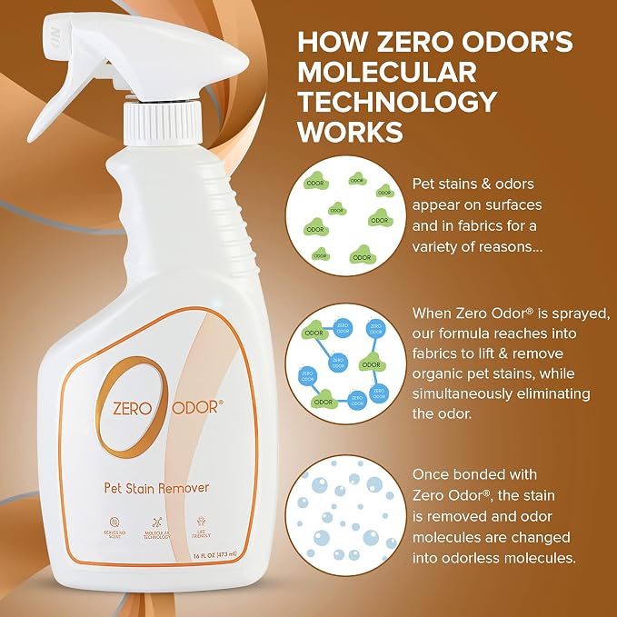 Zero Odor Pet Stain Remover & Odor Eliminator Spray for Carpet, 16 oz | For Dog and Cat Urine, Vomit and Feces on Carpet, Upholstery, Mattress, Pet Beds and Hard Floors, 400+ Sprays