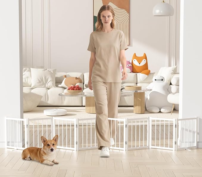 Snuowu 16" Freestanding Short Dog Gate for Small Dogs – Foldable & Retractable, Expands Up to 96" Wide, 8-Panel Pet Barrier for Doorways, Stairs & Hallways (White)