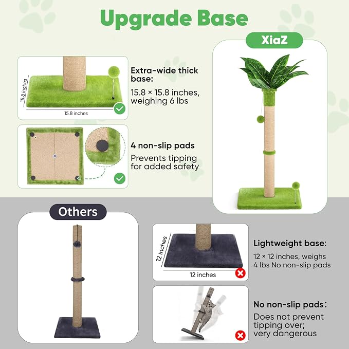 XiaZ Cat Scratching Post 34'' Tall, Durable Cat Scratch Tree Tower for Indoor Kitty with Extra Wide 15.8" Stable Base & 2 Toy Balls, Natural Sisal & Plush Fabric for Small, Medium Cats (Green, 2.8in)