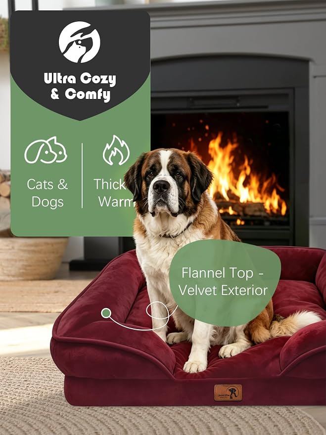 Spotted Play Orthopedic Dog Bed with Sides - Sofa Beds for Extra Large Dogs, Supportive Foam Pet Couch Bed with Washable Removable Cover, Waterproof Lining and Non-Slip Bottom, Burgundy - XXL