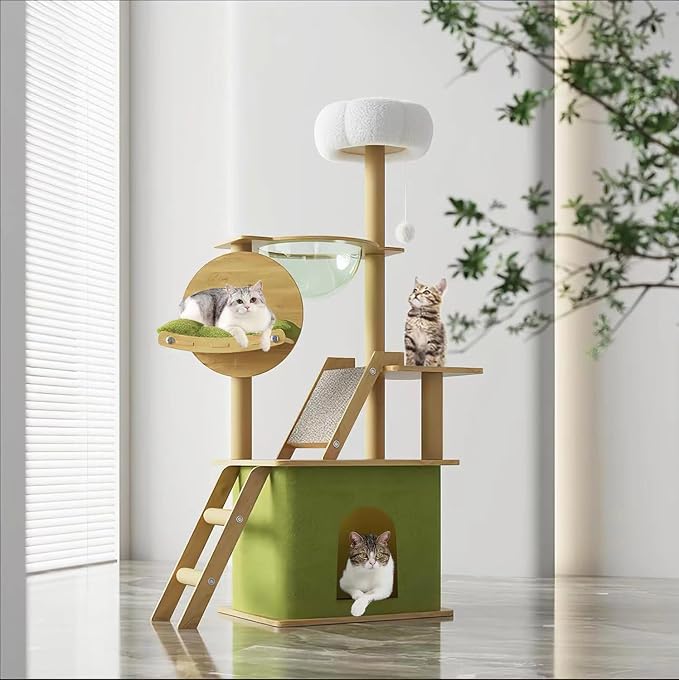59.1-Inch-Green Cat Tree for Indoor Cats Large Adult, with Cat Condos,Cat Scratchers,Cat Hammock,Space Capsule, Plush Jumping Platform,Hanging Ball,Cat Trees for Indoor Cats(Green/Log Color)