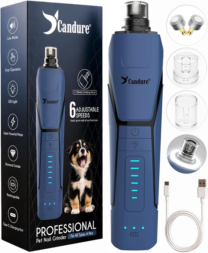 Candure Whisper Quiet Dog Nail Grinder with 360 Degree LED Light, 6-Speed Rechargeable Pet Nail Trimmers with Extra Grinding Head for Safe, Stress-Free Grooming for All Pet Sizes (Dark Blue)