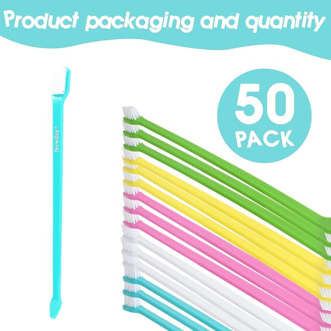 Newday 50 Pack Dual Ended Long Dog & Cat Toothbrush, Pet Safe Super Soft Bristles for Pet Dog Puppy Kitten Dental & Oral Care Teeth & Gums, Pet toothbrushes in Box, Bulk Individual polybag (Colorful)