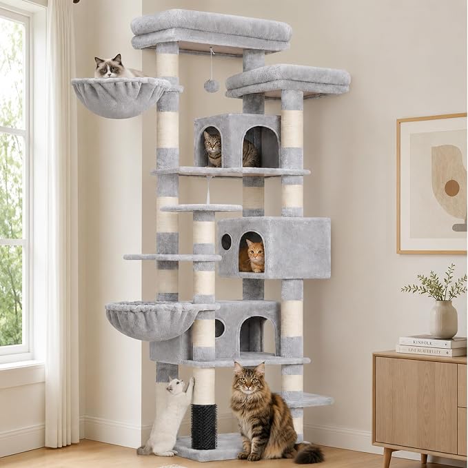 Hey-brother Cat Tree, Multi-Level Tower with 3 Condos, Hairbrush, MPJ035-MW | 74 Inches XL Large Scratching Posts for Indoor Cats and Kittens, 2 Wide Platforms, 2 Plush Baskets, Toy Balls, Light Gray