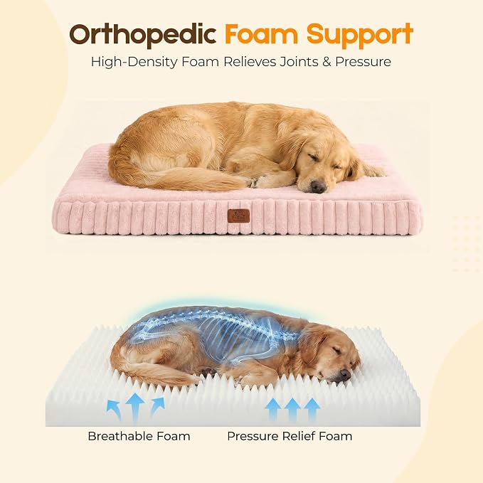 Orthopedic Dog Bed for Large Dog, Waterproof Pet Bed,Non-Slip Bottom and Egg-Crate Foam with Removable Washable Cover Crate Bed,Pink,36"x27"x3"
