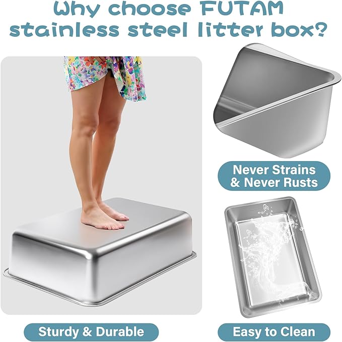 2 Pack Stainless Steel Cat Litter Box, 23.6"x15.8"x8" XXL Stainless Steel Litter Box 8 inch Deep, Extra Large Metal Litterbox for Big Cats, Non Stick Easy Clean Surface, High Sided