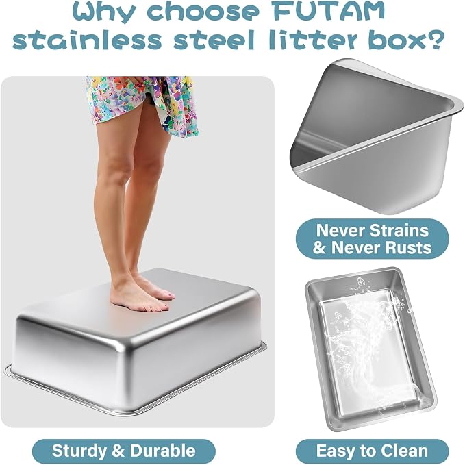 Stainless Steel Cat Litter Box, 23.6"x15.8"x8" XXL Stainless Steel Litter Box 8 inch Deep, Extra Large Metal Litterbox for Big Cats, Non Stick Surface, Easy to Clean, High Sided