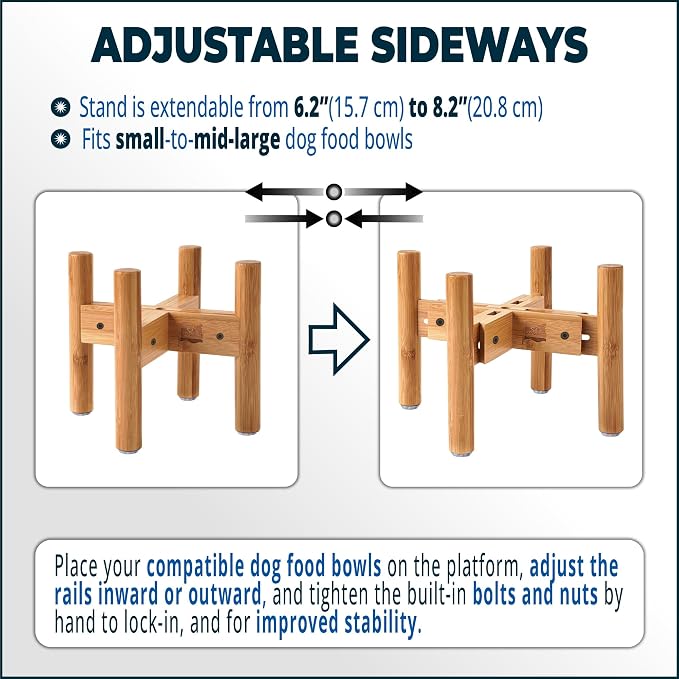 Dog Bowl Stand for Small-to-Medium Dogs - Adjustable | Use to Elevate Raise Dog Food, Water and Slow Feeder Bowls, Lock-Bolts and Tool Added, Foot-Padded, Bamboo Stand Only