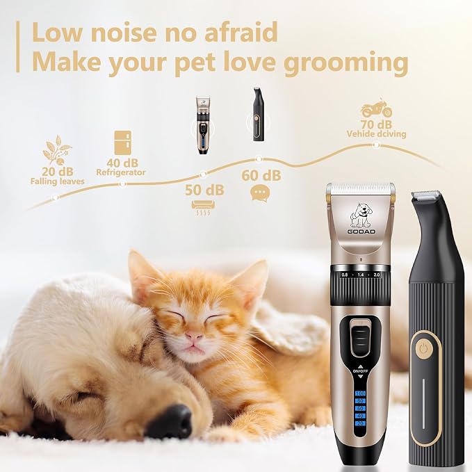 Dog Clippers Grooming Kit and Paw Trimmer for Heavy Thick Hair&Coats | 3-in-1 Clipper+Paw Trimmer+Nail Grinder, <60dB Quiet, Cordless,LED Display, 4 Guide Combs, Detachable Titanium-Ceramic Blade