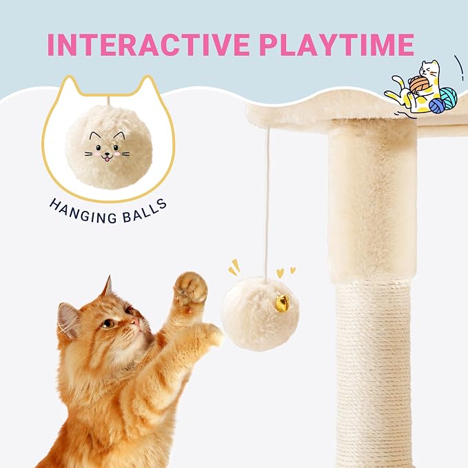 Allewie 29.5in Indoor Cat Tree, Multi-Level Cat Tower with Sisal Scratching Posts, Padded Perch, Basket, Condo, and Hanging Ball, Suitable for Kittens and Adult Felines,Beige