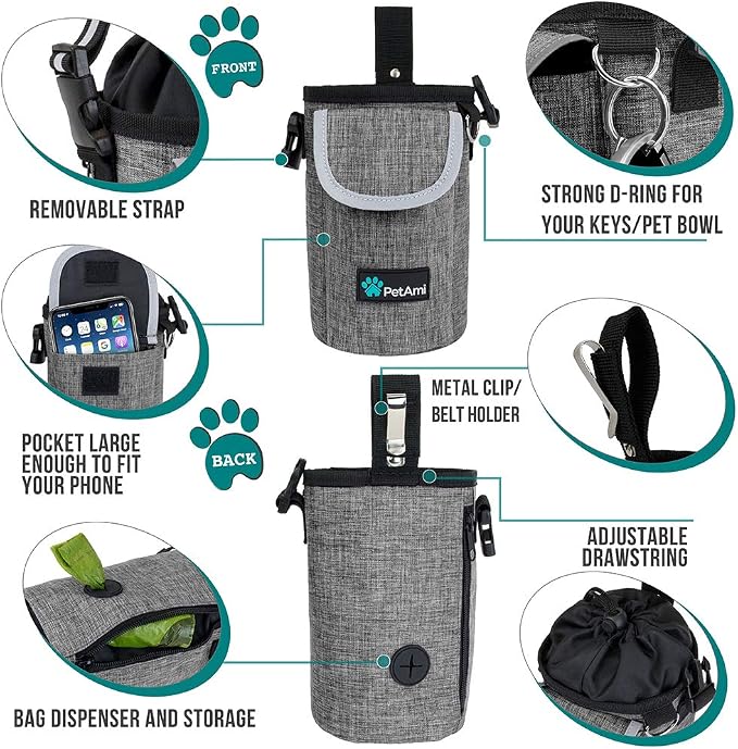 PetAmi Dog Treat Pouch, Large Hands-Free Training Bag, Gray | Built-In Poop Bag Dispenser, Holds 3 Cups Of Treats, 4 Ways to Wear, D-Ring, Reflective Strap, Dog Treat Bag for Walking