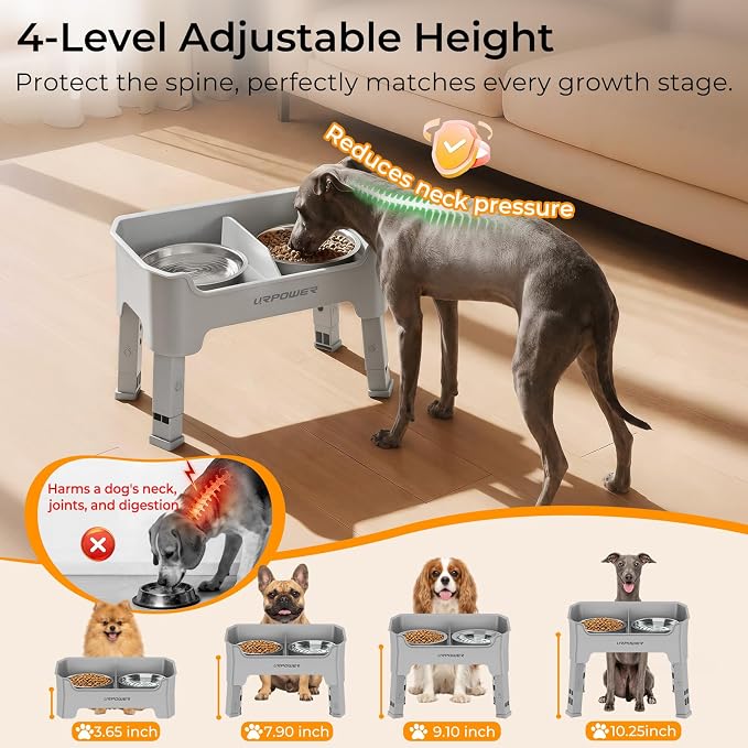 URPOWER Mess Proof Elevated Dog Bowls 4 Height Adjustable Raised Bowl Stand with 2 Stainless Steel Dog Bowls Non-Slip Food and Water Bowl Set for Small Dogs, Light Grey