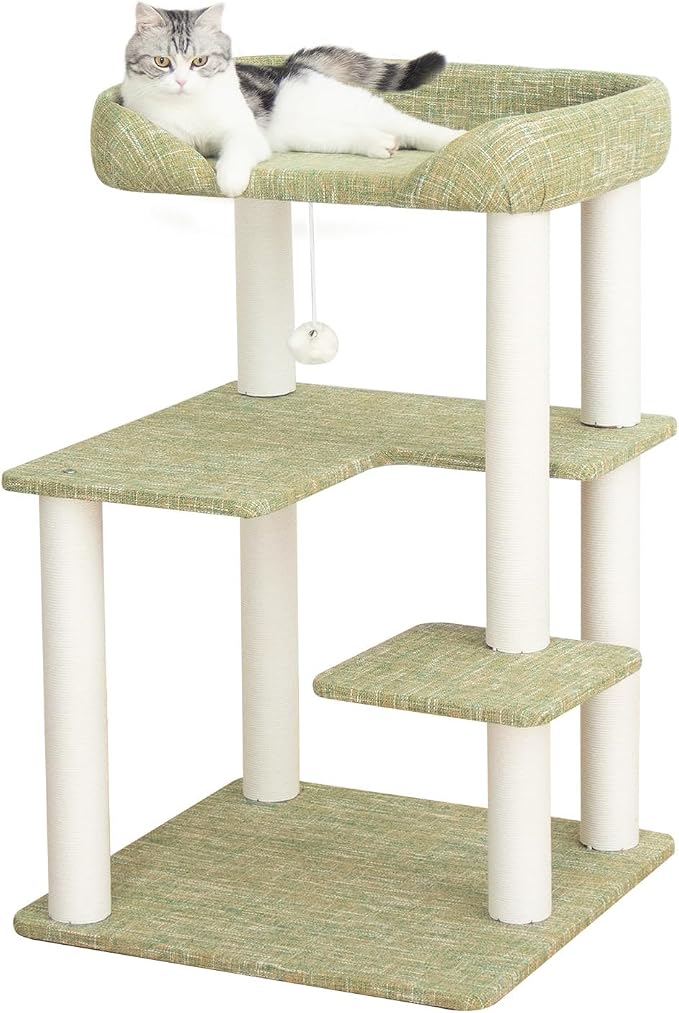 Cat Tree for Large Cat, Modern Senior Friendly Cat Tower with Wide Shelves Low Step, Cotton Scratching Posts, Super Sturdy Base, Cozy Perches, Interactive Toys (Linen Fabric Green 37.4-Inch)