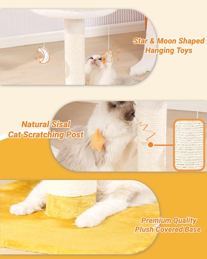 Tall Cat Scratching Post with Large Bed, Thick Posts with Toys | 28" Tall For Large Cats, Easy To Clean, Cloud-Shaped Soft Perch, Removeable Cover, Stable Cat Stand, Bonus Catnip