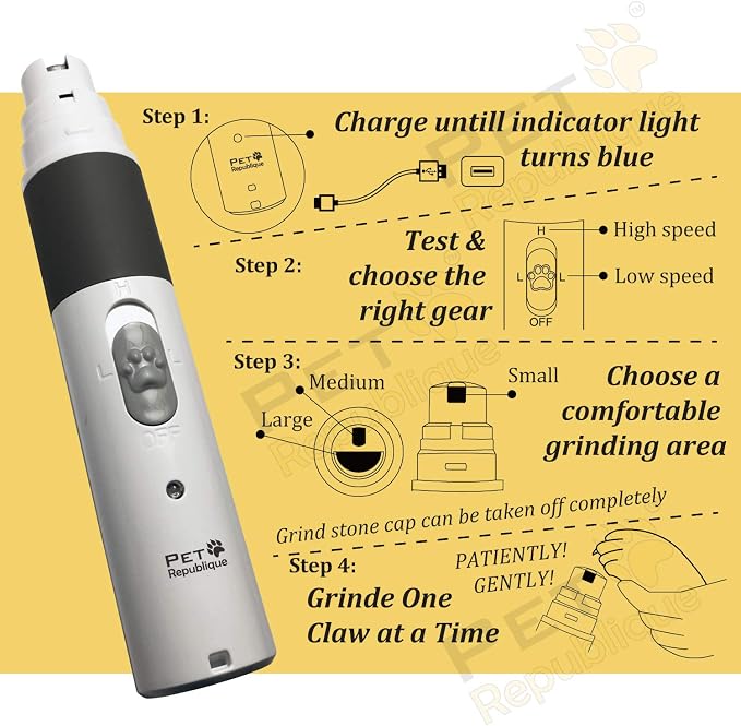 Dog Nail Grinder by Pet Republique - 2 Speed Electric Rechargeable Nail Grinder - Gentle, Quiet, Low, Painless Nail Trimmer - Multi-Setting Grinder for Any Small or Medium Dog, Cat, and Pet Claw