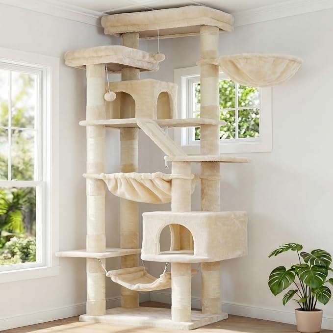 Heybly Cat Tree, 71-Inch-Tall Tower for Indoor Cats with 2 Perches HCT034M | Large Cat Furniture with 2 Big Condos, 2 Hammocks, Basket, Scratching Pad, Multi-Level Cat Condo, Beige