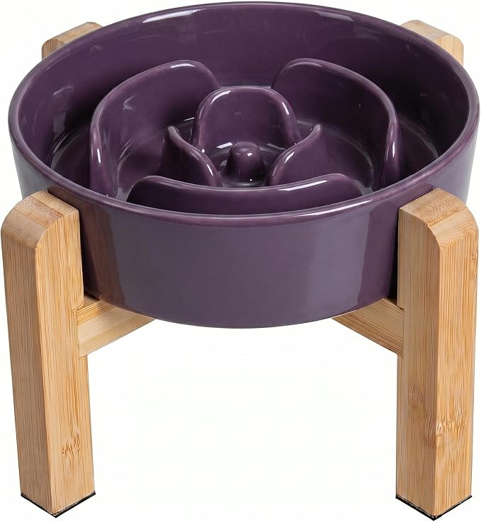 Elevated Slow Feeder Dog Bowl - Ceramic Maze Food Dish with Bamboo Stand - Raised Feeding Bowl for Fast Eaters - Ideal for Small and Medium Dogs - Purple - 6.7 inch