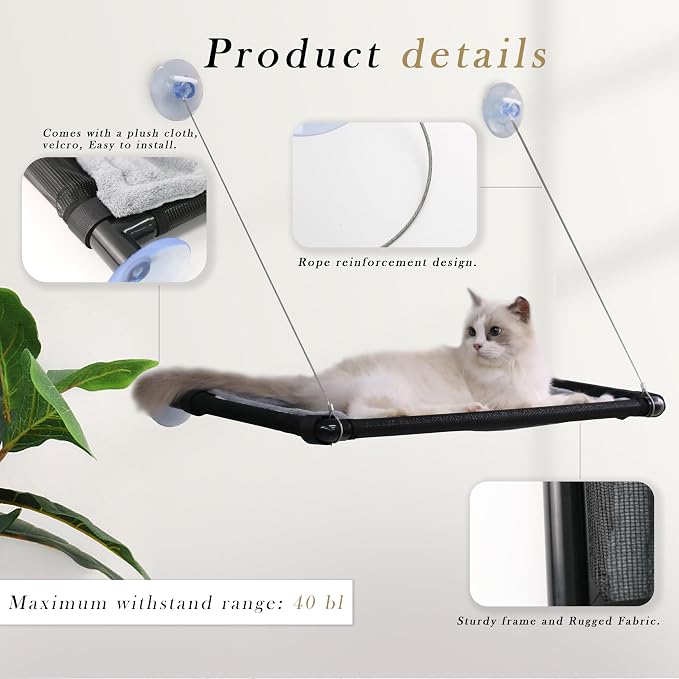 2 Pack Cat Hammock for Window Wall with 8 Suction Cups 2 Cushion Cover,Cat Window Perch, Space Saving and Easy Mounted Large Cats Bed,Pet Resting Safety Holds (Black, Large)