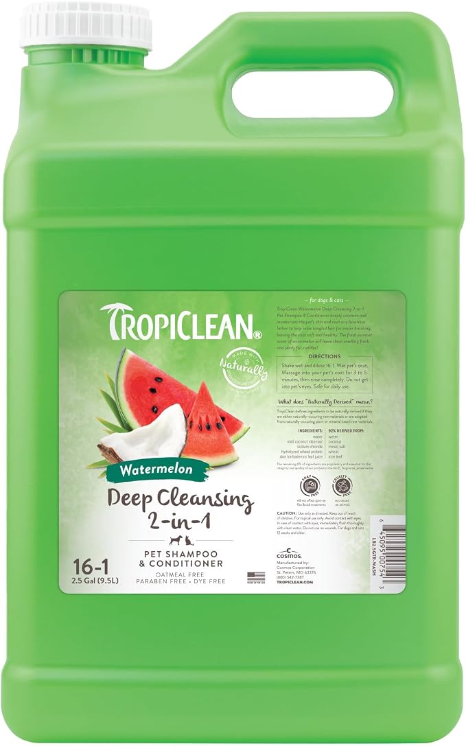 TropiClean 2-in-1 Dog Shampoo and Conditioner, Watermelon Scent, 2.5 Gallon | Professional Moisturizing Detangler | Watermelon Scent | Puppy Safe | Made in USA