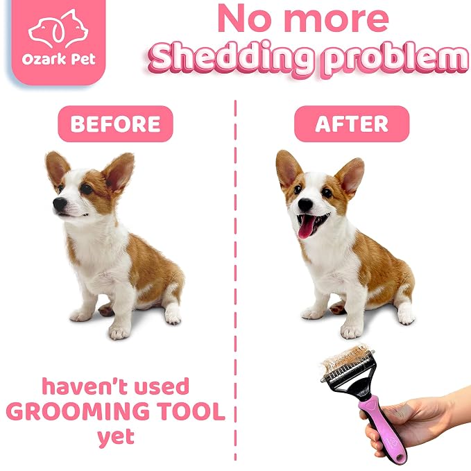 Pet Grooming Rake - Double-Sided Deshedding Dematting Tool, Undercoat Rake for Dogs Cats, Extra-Wide Dog Grooming Brush, Deshedder Comb for Long Hair Short Hair, Reduces Shedding 95%, Pink, Large