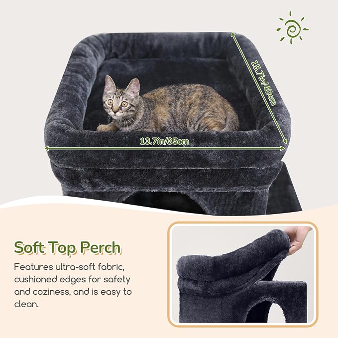 Globlazer Heavy Duty Cat Tree for Indoor Cats Large Adult, F52B, Dark Grey | 3 Condos, Extra-Large Baseboard, Removable Top Perch, 4 Sisal Posts & Board, Hanging Basket, Anti-Topple Strap, Easy Setup