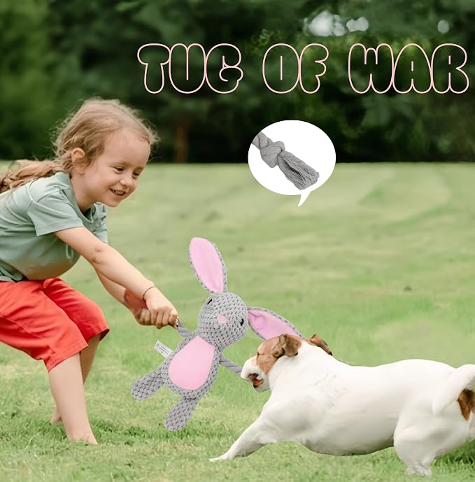 Bunny Dog Toy with Rope Arms – Squeaky Plush Rabbit for Small & Medium Dogs, Soft Chew & Tug Toy for Interactive Play, Easter Puppy Toy Gift