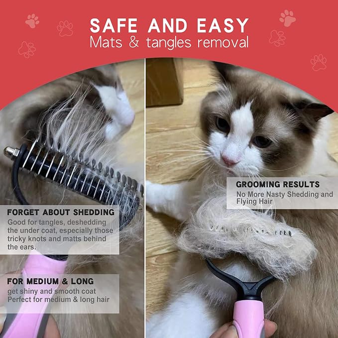 Double-Sided Undercoat Rake for Deshedding & Dematting Pets - Gentle Grooming Glove Kit for Dogs & Cats (Pink, 2 Pack)