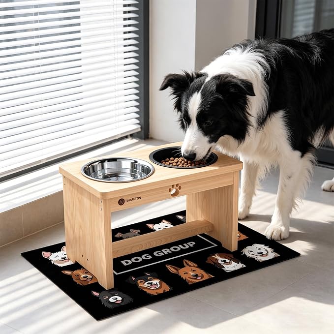 SHAINFUN Elevated Dog Bowls with Slow Feeder & Mat for Medium and Large Dogs, 10" Tall Wooden Raised Dog Bowl Stand, 2 Stainless Steel 58oz Bowls for Food & Water