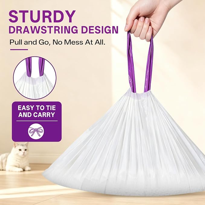 60 Pack Automatic Cat Litter Box Waste Bags Compatible with Litter Robot 4/3, 26lbs Heavy Duty Tear-Resistant Drawstring Cat Litter Liners, Sensor-Compatible,10-12 Gallon, 26.4" x 15.7"
