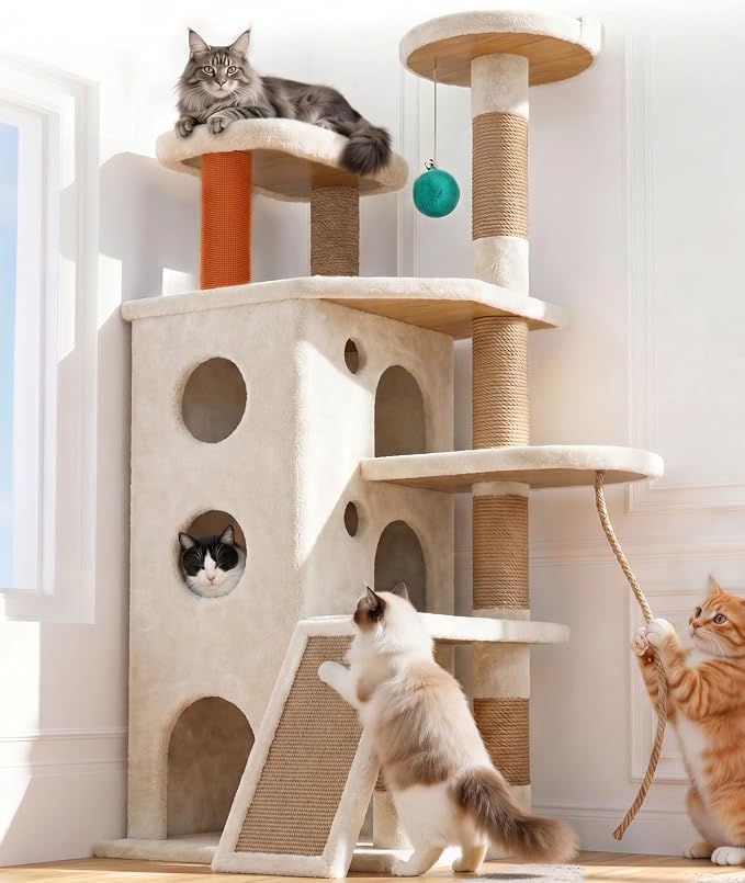 Eco-Wood Cat Tree Tower,【Top Heavy Duty】 Cat Tower for All Indoor Cats | 54” Super Sturdy Cat Tower Bed with 6 Scratching Posts, Scratch rope, Scratcher, 3 Enlarged Cat Condos, Jumping Perches