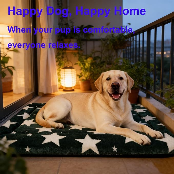 Dog Bed Mat, Reversible Crate Pad & Durable Dog Bed - Machine Washable Kennel Mat with Ultra Soft for Large Dogs (Big&Small Stars Green, 35" L*23" W*1.5" Th)