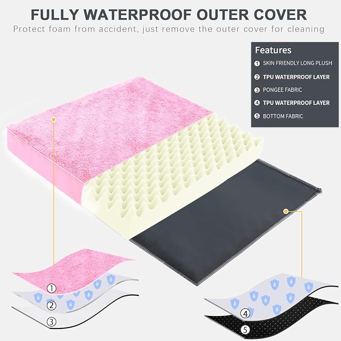 Waterproof Large Size Dog Crate Bed Orthopedic 41x27 Pink | Removable Washable Cover, Egg Crate Foam, Soft Plush Flat Pet Mat, Non-Slip Bottom, Fits Large Dogs Up to 90 lbs