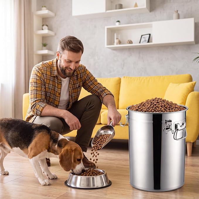 25 lb Stainless Steel Dog Food Storage Container | with Silicone Airtight Lid, Scoop. Easy to Clean Metal Pet Dog Cat Food Storage Container Keep Fresh