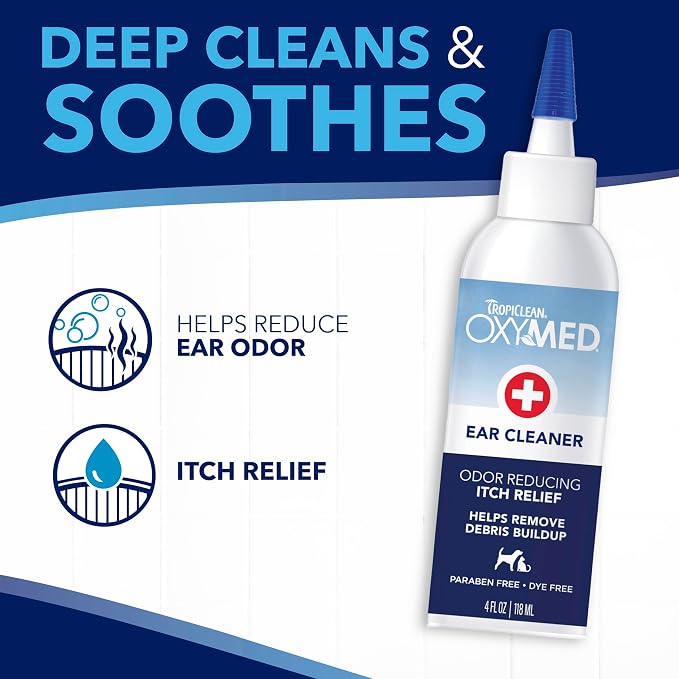 TropiClean OxyMed Preventative Dog Ear Cleaner, Vet Recommended Ear Cleaning Solution for Itch Relief, Daily Wash Drops, Safe for Cats, USA Made, 4oz.