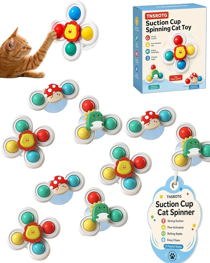 Cat Suction Cup Spinner Toy Colorful Balls Paw Activated Motion Indoor | Pets Window Perch Playmate Glass Mount 3 Designs Compact ABS Build Wipe Clean Surface Strong Grip(3sets)