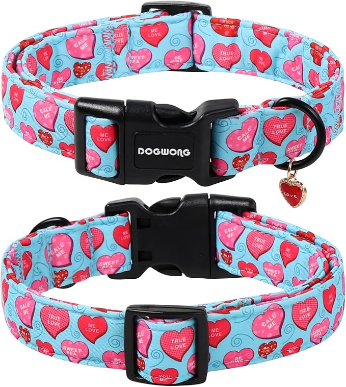 DOGWONG Valentine's Day Dog Collar-Cute Blue Heart Pattern Dog Collars, Adjustable Valentine Heart Pet Collars Puppy Collar with Quick Release Buckle for Girl&Boy Dogs,S
