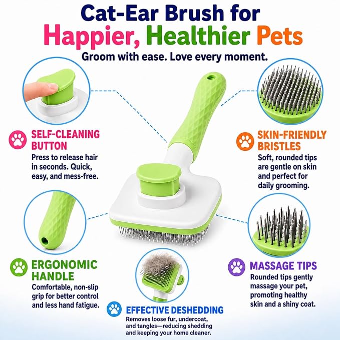 Versatile Pet Grooming Brush and Deshedding Tool - Gently Removes Loose Undercoat for Cats and Dogs, Suitable for Pet Massage (Green Light)