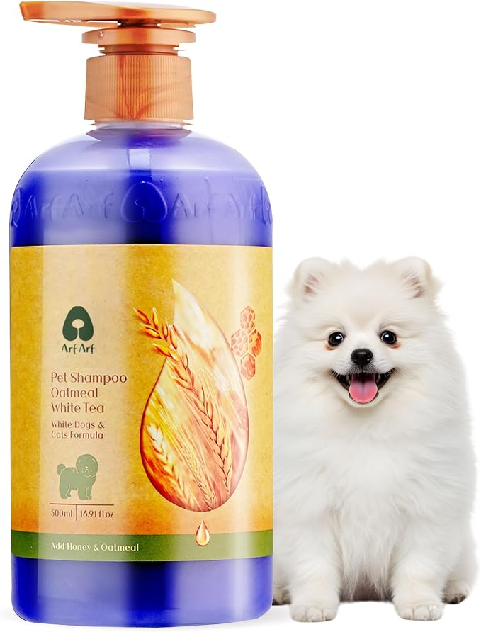 Arf Arf Whitening Dog Shampoo for White Dogs – Removes Yellowing for Maltese, Samoyed & Bichon Frise – Whitening Shampoo for Dogs with Oatmeal – Brightens White Fur – 16oz